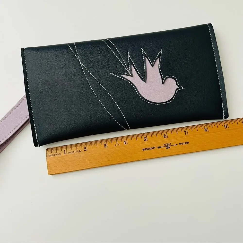 Holly Aiken Large Clutch Wallet wristlet coin purse bird navy blue lilac purple